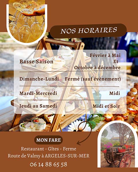 Horaires restaurant Mon fare argeles